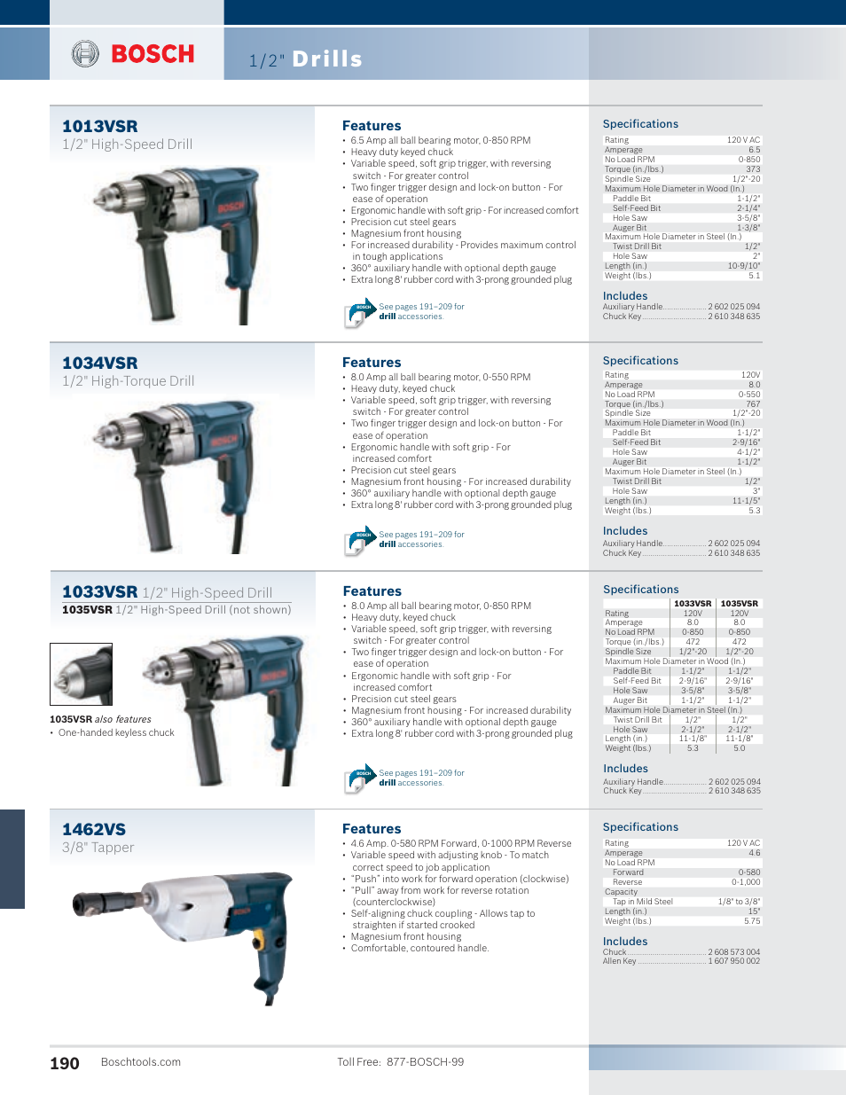 Drills, 1013vsr, 1034vsr | 1033vsr, 1462vs, Features, 1/2" high-speed drill, 1/2" high-torque drill, 3/8" tapper | Bosch SG45M User Manual | Page 6 / 32