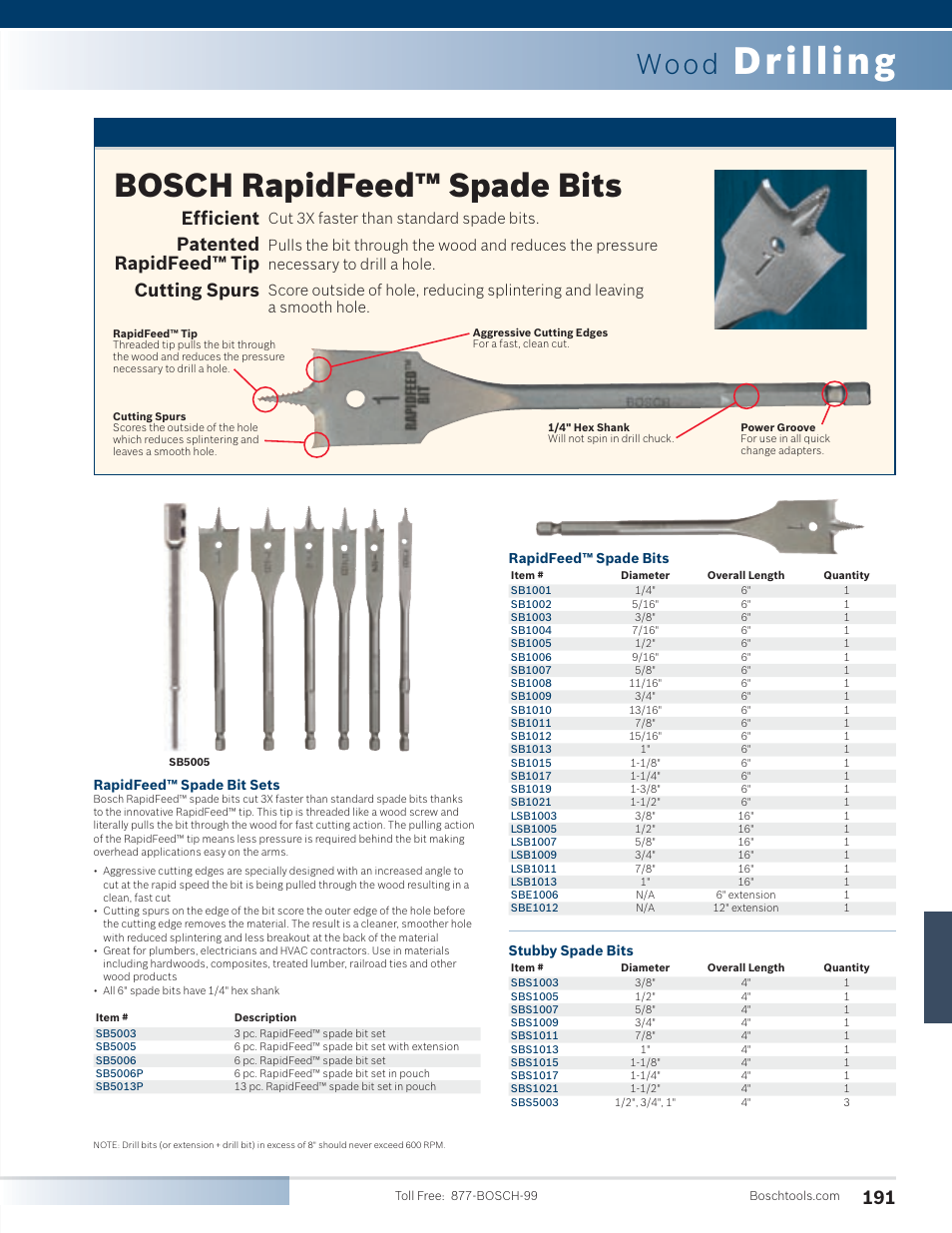 Drilling, Bosch rapidfeed™ spade bits, Wood | Efficient, Patented rapidfeed™ tip cutting spurs | Bosch SG45M User Manual | Page 7 / 32