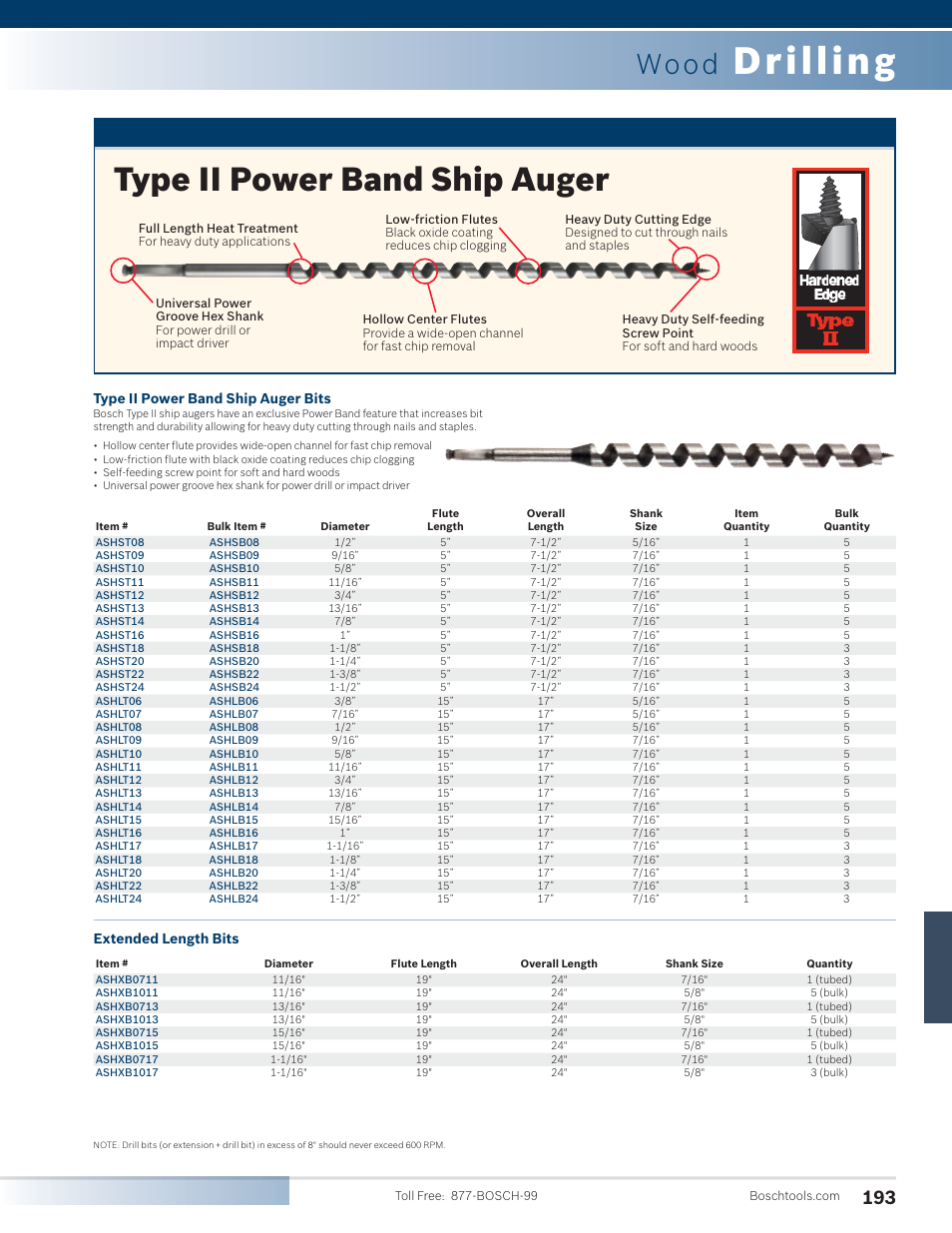 Drilling, Type ii power band ship auger, Wood | Type ii power band ship auger bits, Extended length bits | Bosch SG45M User Manual | Page 9 / 32