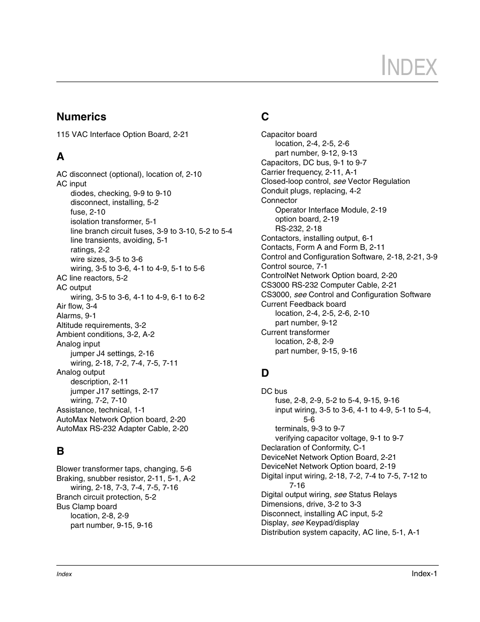 Index, Ndex, Numerics | Rockwell Automation GV3000/SE AC Drive Ver. 6.06 Hdwe Ref., Installation, and Troubleshooting Manual User Manual | Page 123 / 128