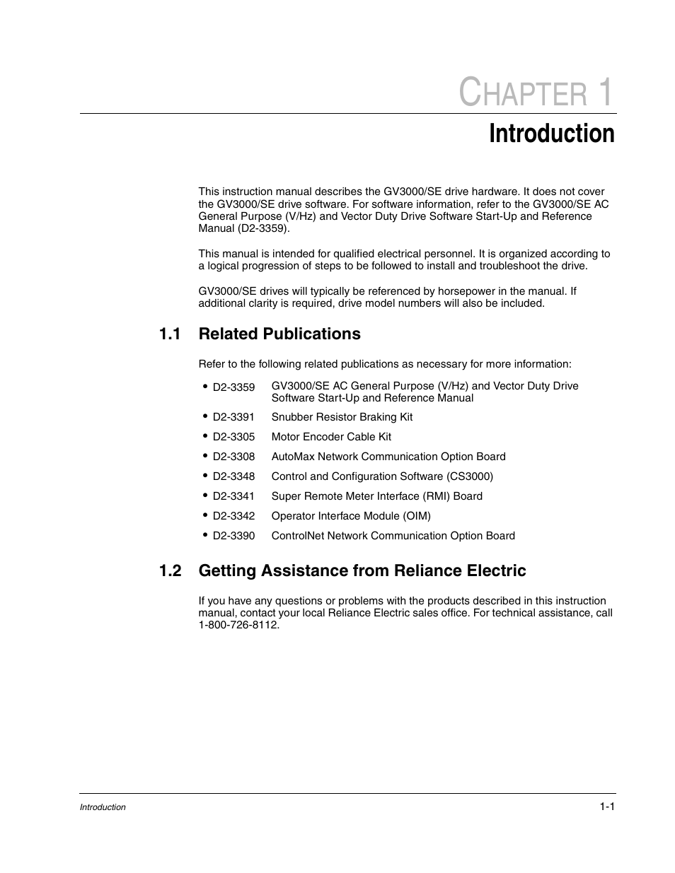 1 - introduction, Related publications, Getting assistance from reliance electric | Hapter, Introduction, 1 related publications, 2 getting assistance from reliance electric | Rockwell Automation GV3000/SE AC Drive Ver. 6.06 Hdwe Ref., Installation, and Troubleshooting Manual User Manual | Page 13 / 128