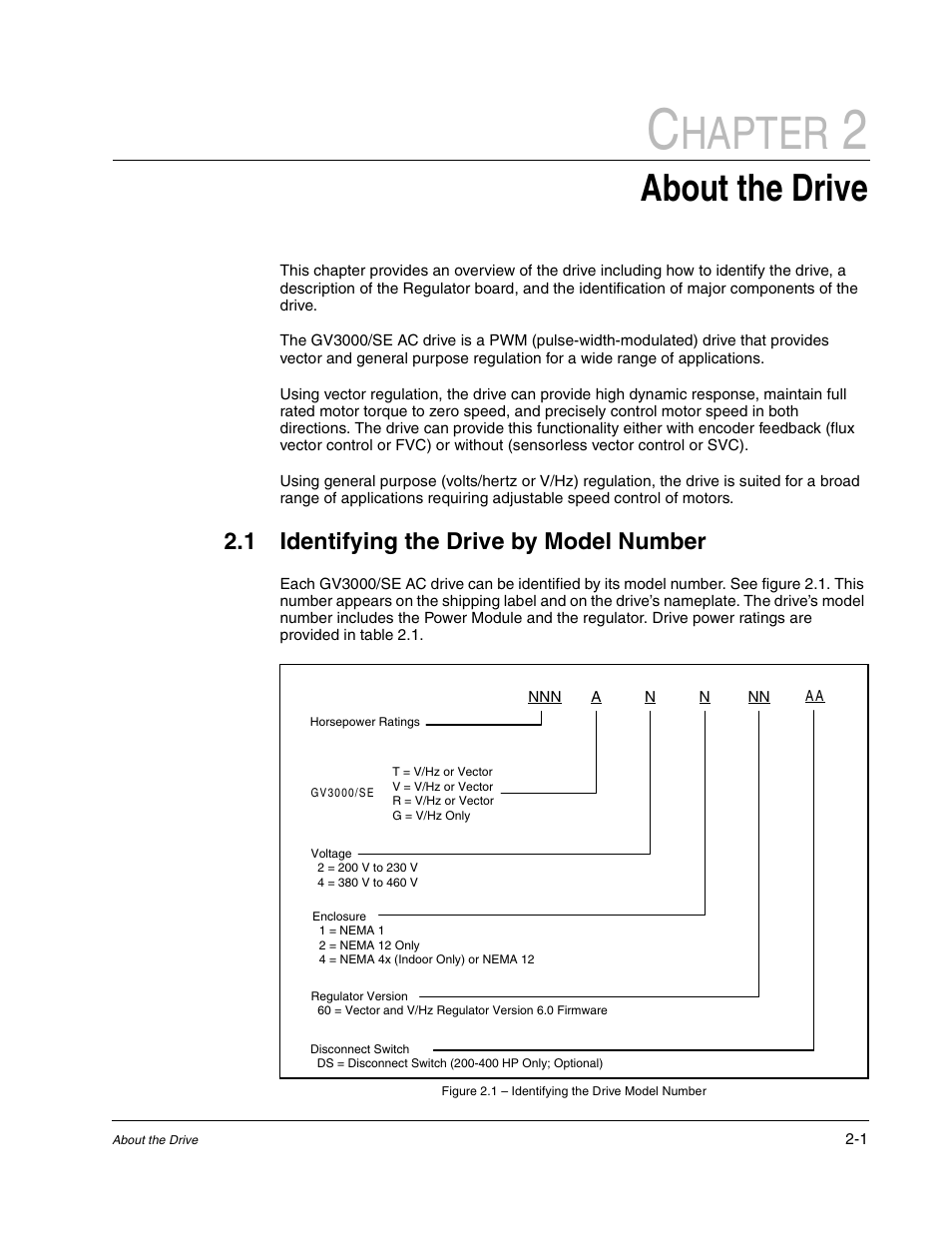 2 - about the drive, Identifying the drive by model number, Hapter | About the drive, 1 identifying the drive by model number | Rockwell Automation GV3000/SE AC Drive Ver. 6.06 Hdwe Ref., Installation, and Troubleshooting Manual User Manual | Page 15 / 128