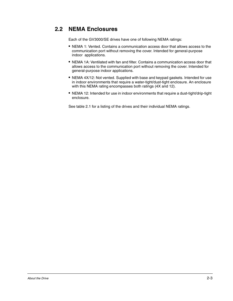 Nema enclosures, 2 nema enclosures | Rockwell Automation GV3000/SE AC Drive Ver. 6.06 Hdwe Ref., Installation, and Troubleshooting Manual User Manual | Page 17 / 128