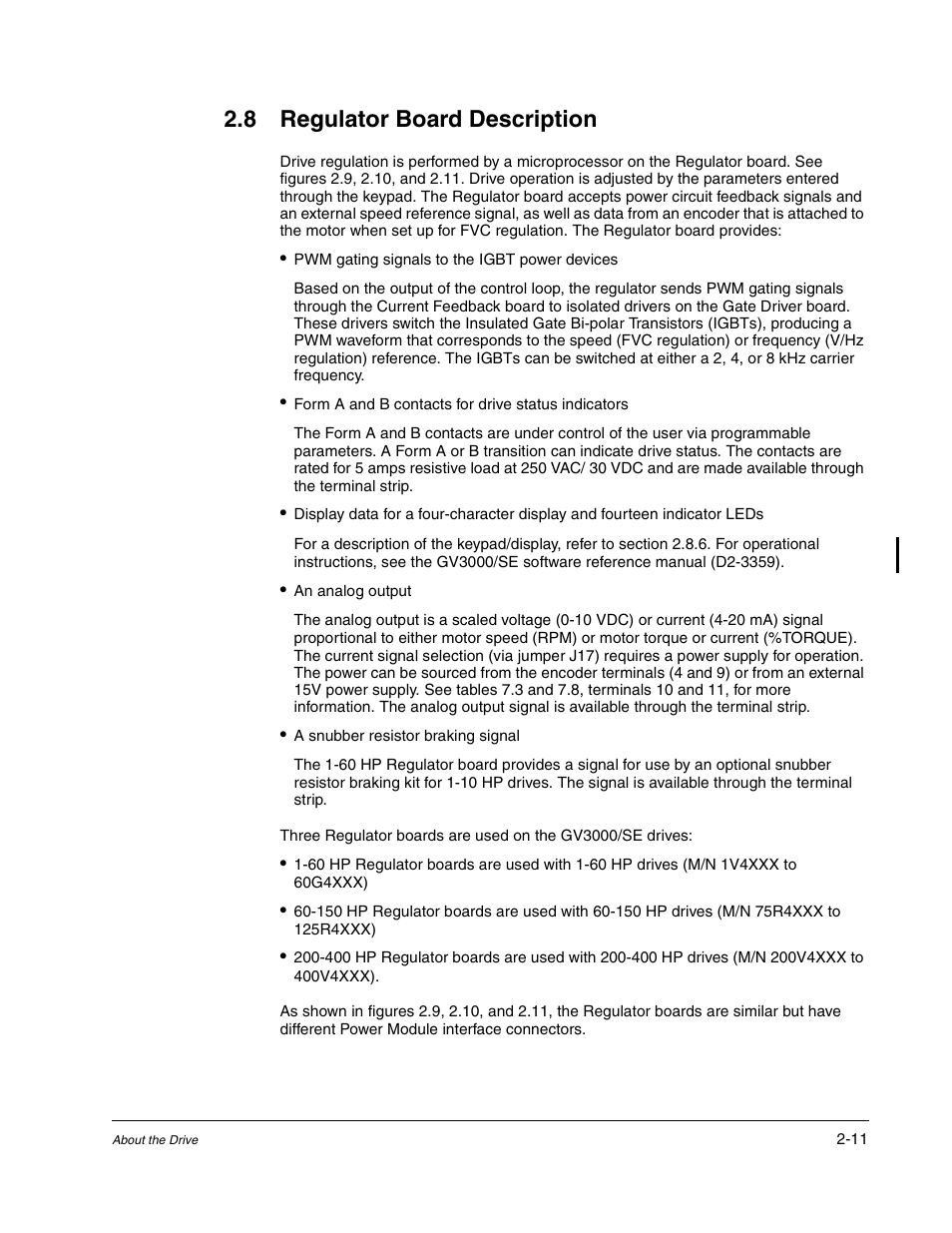 Regulator board description, 8 regulator board description | Rockwell Automation GV3000/SE AC Drive Ver. 6.06 Hdwe Ref., Installation, and Troubleshooting Manual User Manual | Page 25 / 128
