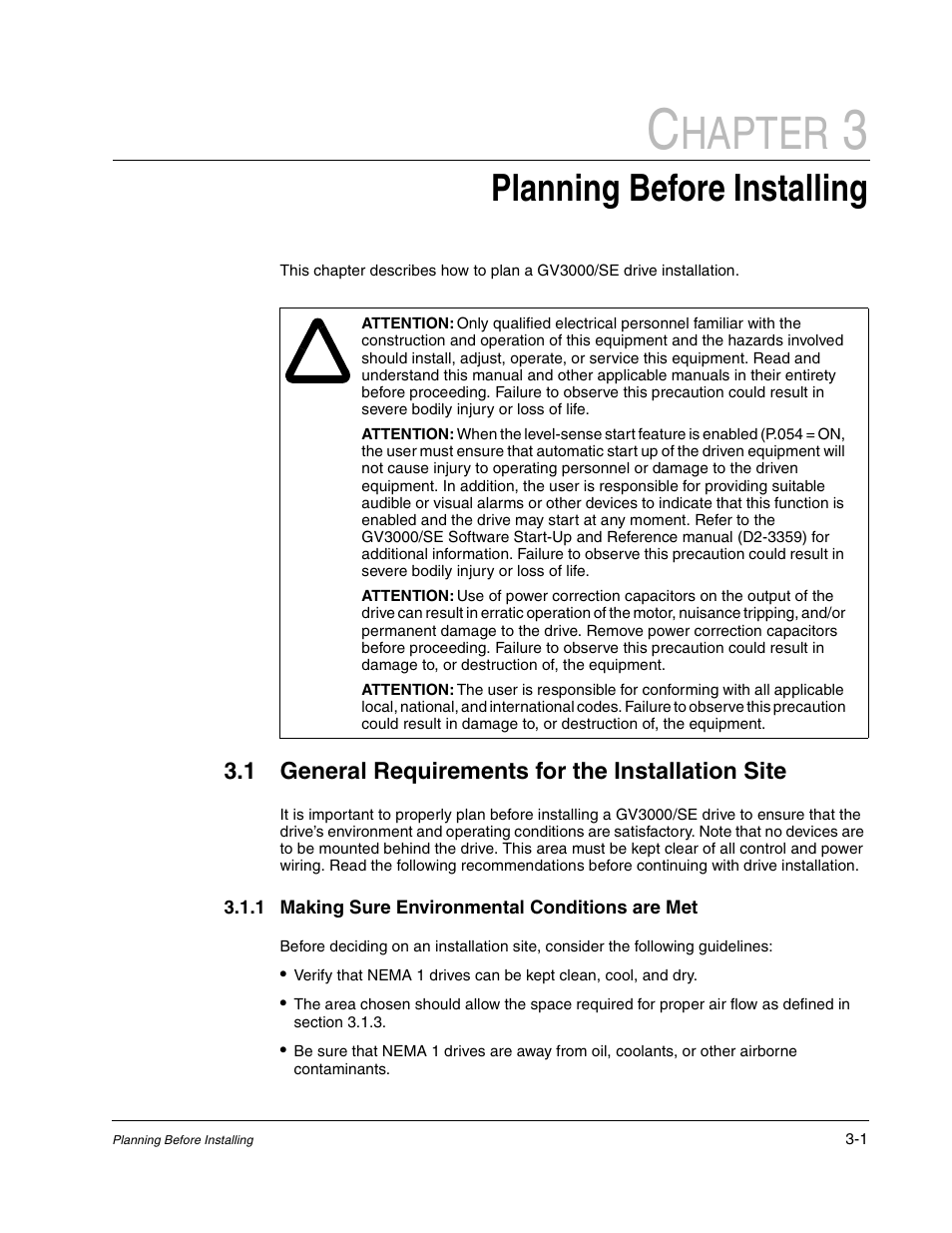 3 - planning before installing, General requirements for the installation site, Hapter | Planning before installing, 1 general requirements for the installation site | Rockwell Automation GV3000/SE AC Drive Ver. 6.06 Hdwe Ref., Installation, and Troubleshooting Manual User Manual | Page 37 / 128