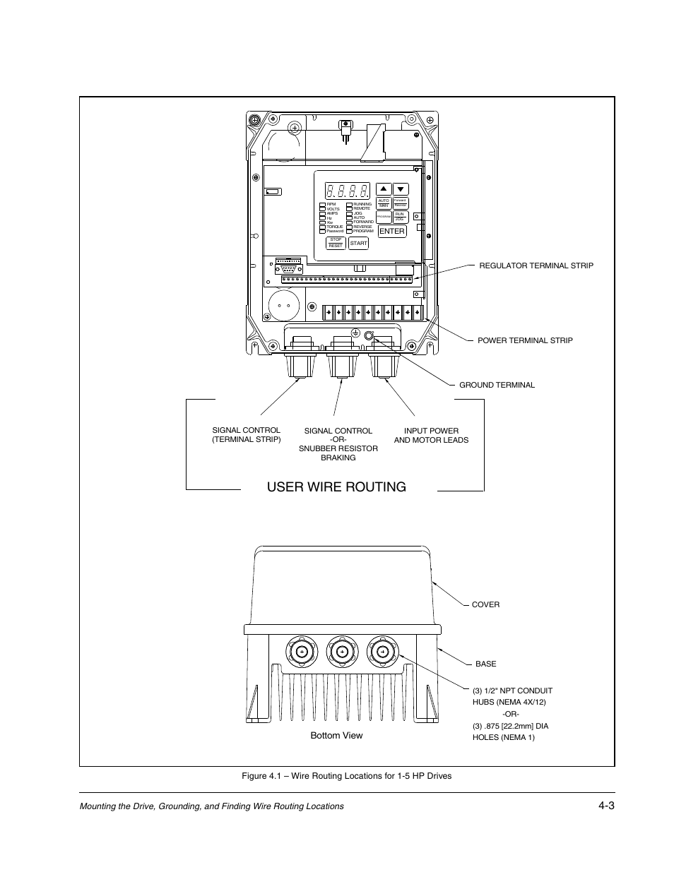 User wire routing, Bottom view | Rockwell Automation GV3000/SE AC Drive Ver. 6.06 Hdwe Ref., Installation, and Troubleshooting Manual User Manual | Page 49 / 128