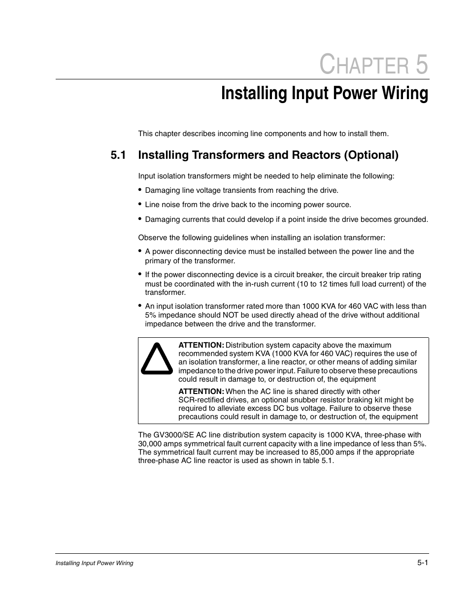 5 - installing input power wiring, Installing transformers and reactors (optional), Hapter | Installing input power wiring | Rockwell Automation GV3000/SE AC Drive Ver. 6.06 Hdwe Ref., Installation, and Troubleshooting Manual User Manual | Page 57 / 128
