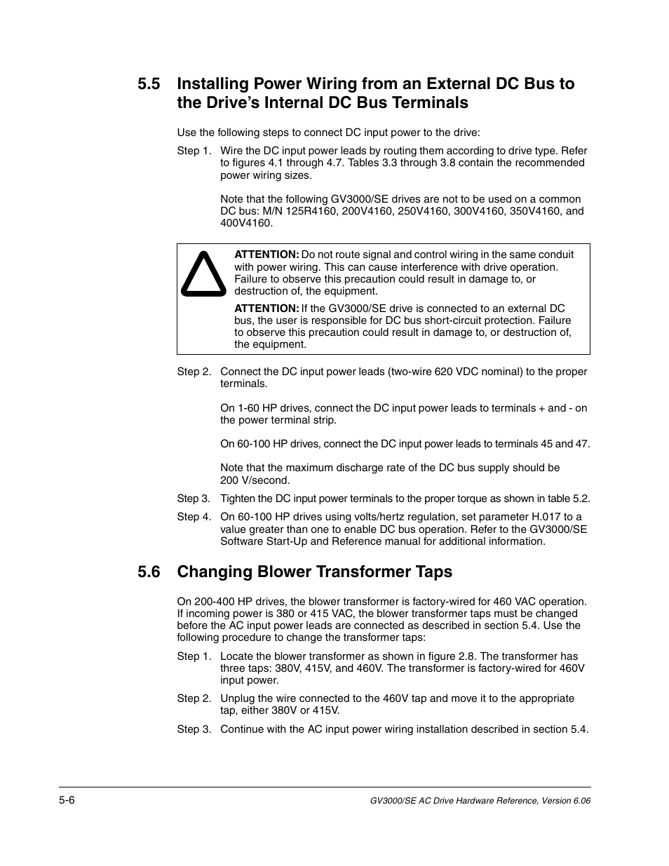 Changing blower transformer taps, 6 changing blower transformer taps | Rockwell Automation GV3000/SE AC Drive Ver. 6.06 Hdwe Ref., Installation, and Troubleshooting Manual User Manual | Page 62 / 128
