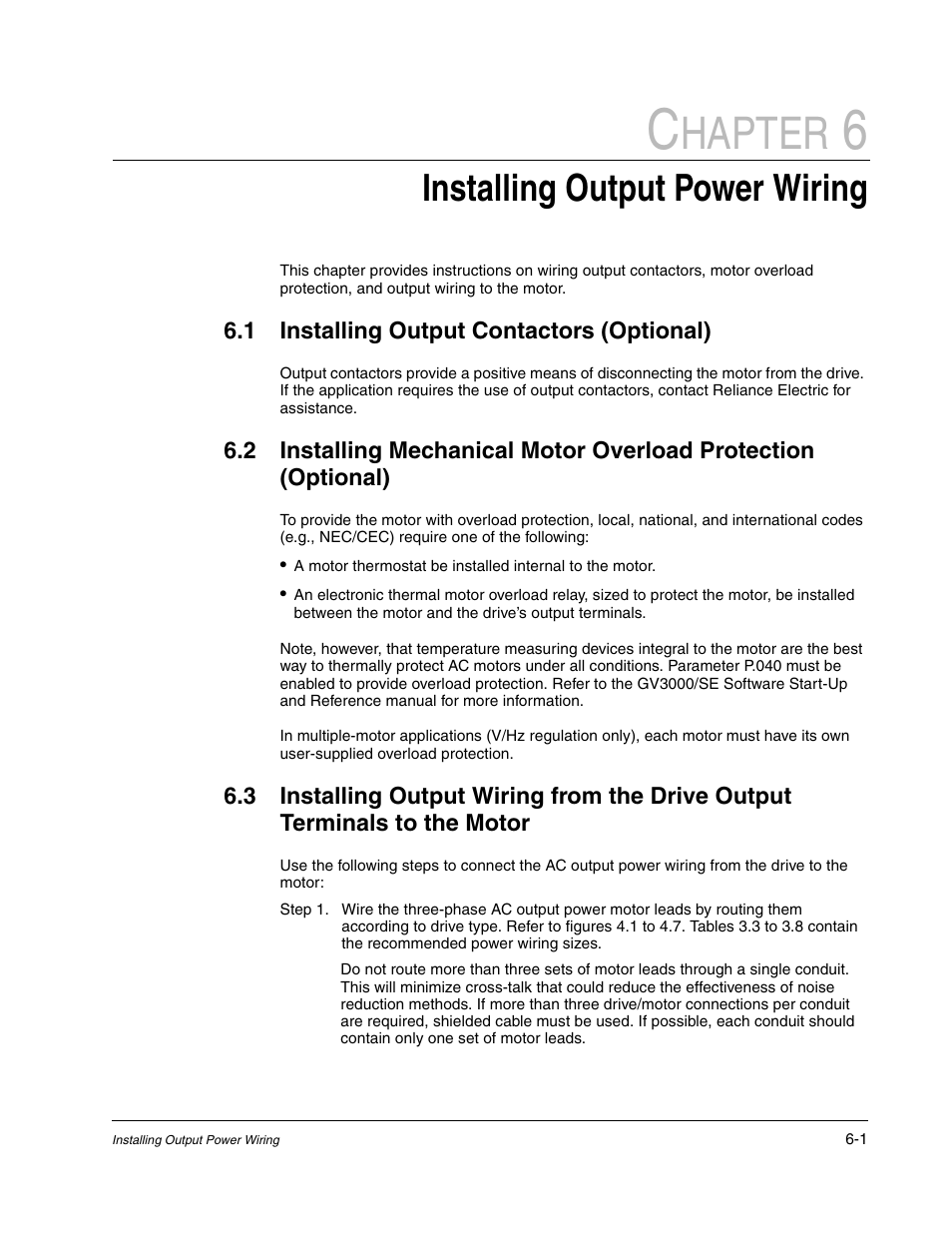6 - installing output power wiring, Installing output contactors (optional), Hapter | Installing output power wiring | Rockwell Automation GV3000/SE AC Drive Ver. 6.06 Hdwe Ref., Installation, and Troubleshooting Manual User Manual | Page 63 / 128
