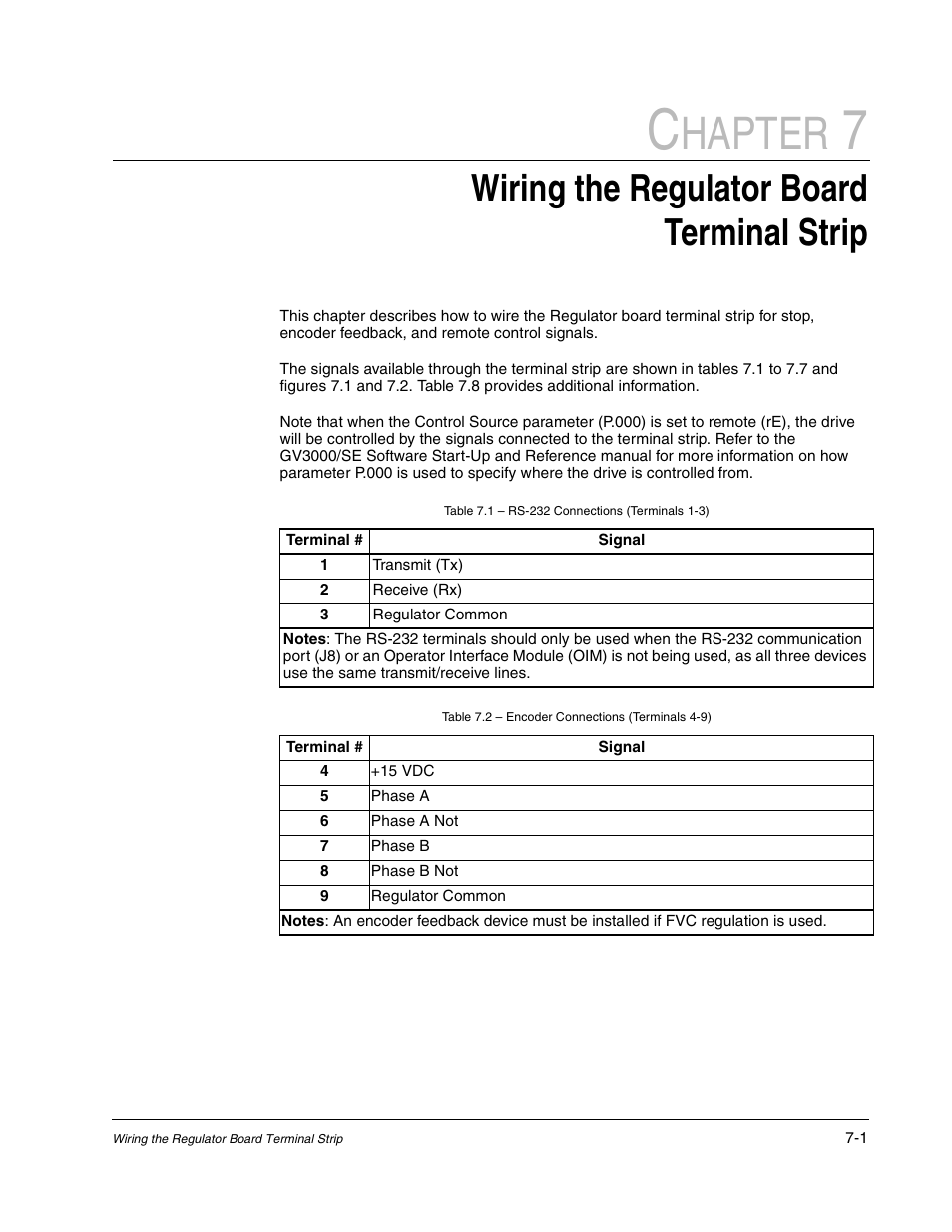 7 - wiring the regulator board terminal strip, Hapter, Wiring the regulator board terminal strip | Rockwell Automation GV3000/SE AC Drive Ver. 6.06 Hdwe Ref., Installation, and Troubleshooting Manual User Manual | Page 65 / 128