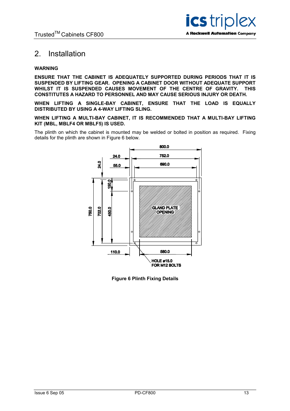 Installation, Figure 6 plinth fixing details | Rockwell Automation CF800 Trusted Cabinets User Manual | Page 13 / 16