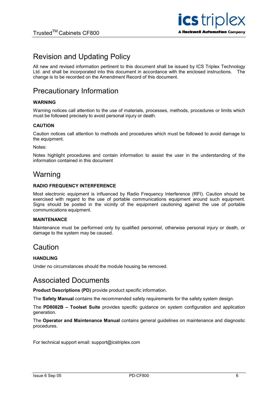 Description, Revision and updating policy, Precautionary information | Warning, Caution, Associated documents | Rockwell Automation CF800 Trusted Cabinets User Manual | Page 6 / 16
