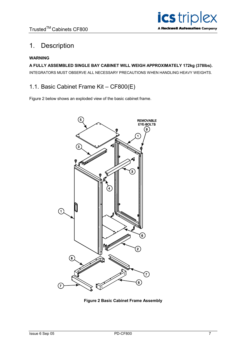 Basic cabinet frame kit – cf800(e), Description, Figure 2 basic cabinet frame assembly | Rockwell Automation CF800 Trusted Cabinets User Manual | Page 7 / 16