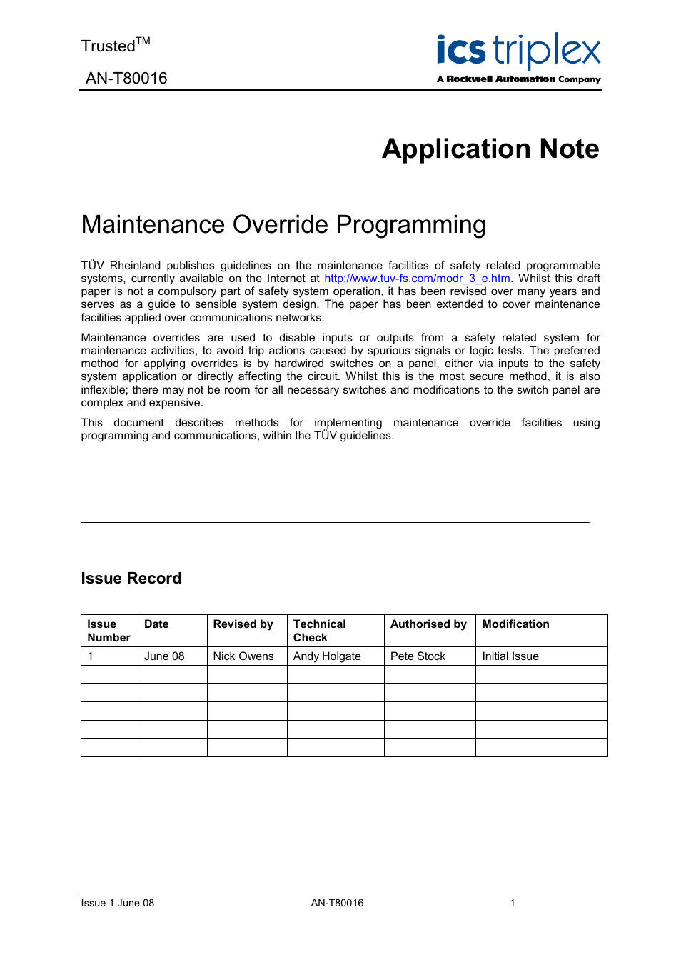 Rockwell Automation T80016 Application Note Maintenance Override Programming User Manual | 12 pages