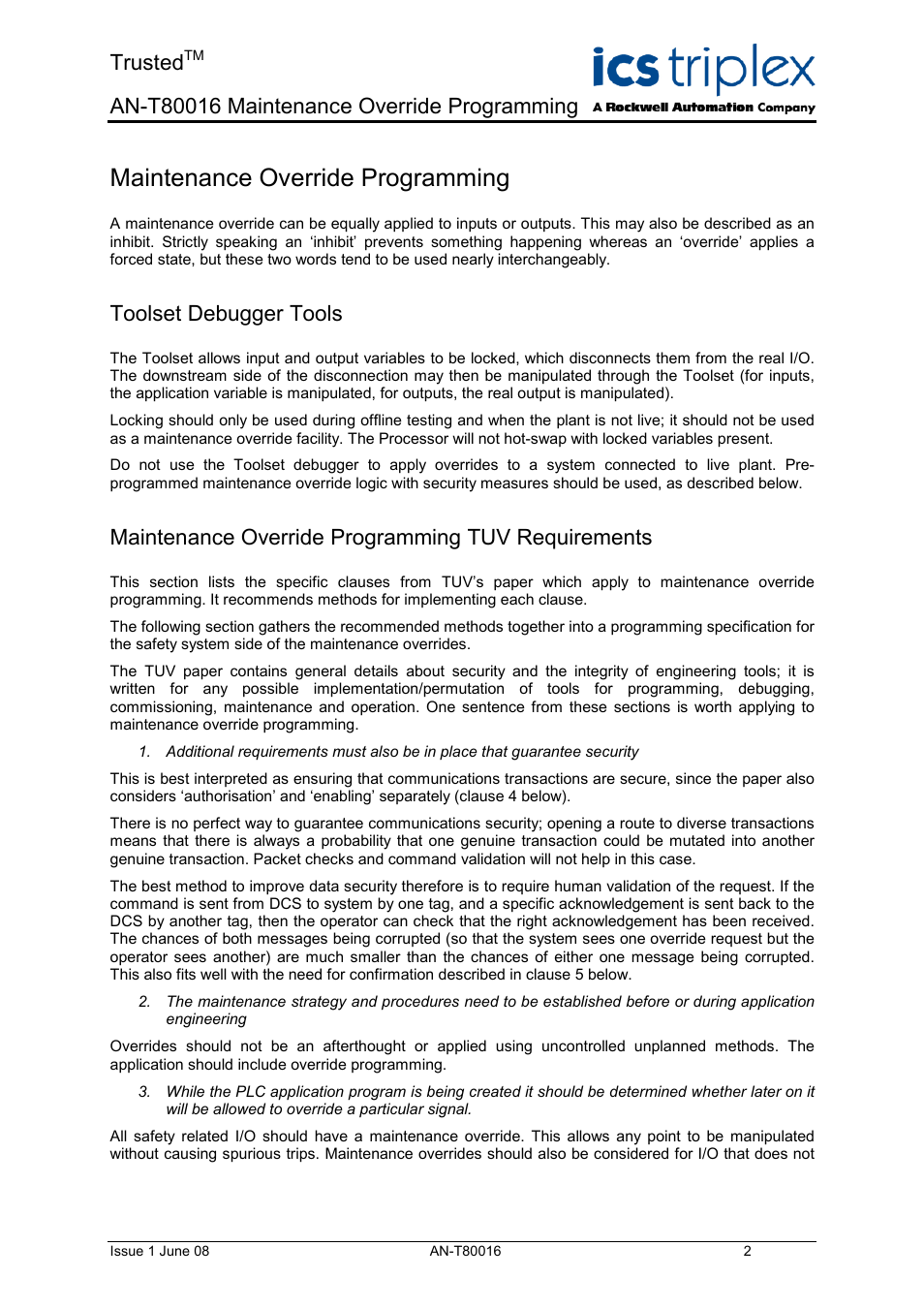 Toolset debugger tools, Maintenance override programming tuv requirements, Maintenance override programming | Trusted | Rockwell Automation T80016 Application Note Maintenance Override Programming User Manual | Page 2 / 12