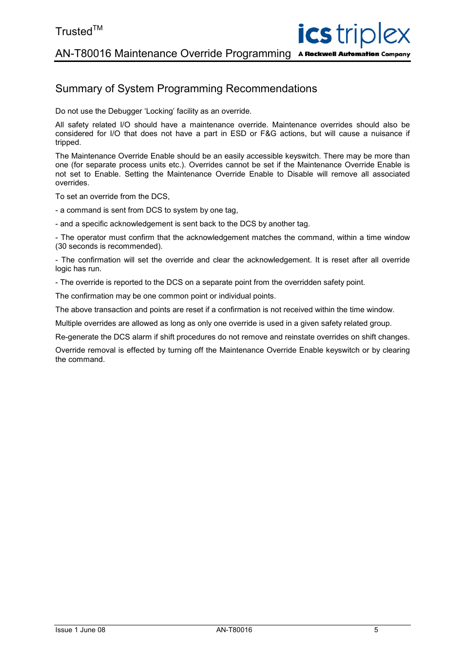 Summary of system programming recommendations, Trusted | Rockwell Automation T80016 Application Note Maintenance Override Programming User Manual | Page 5 / 12