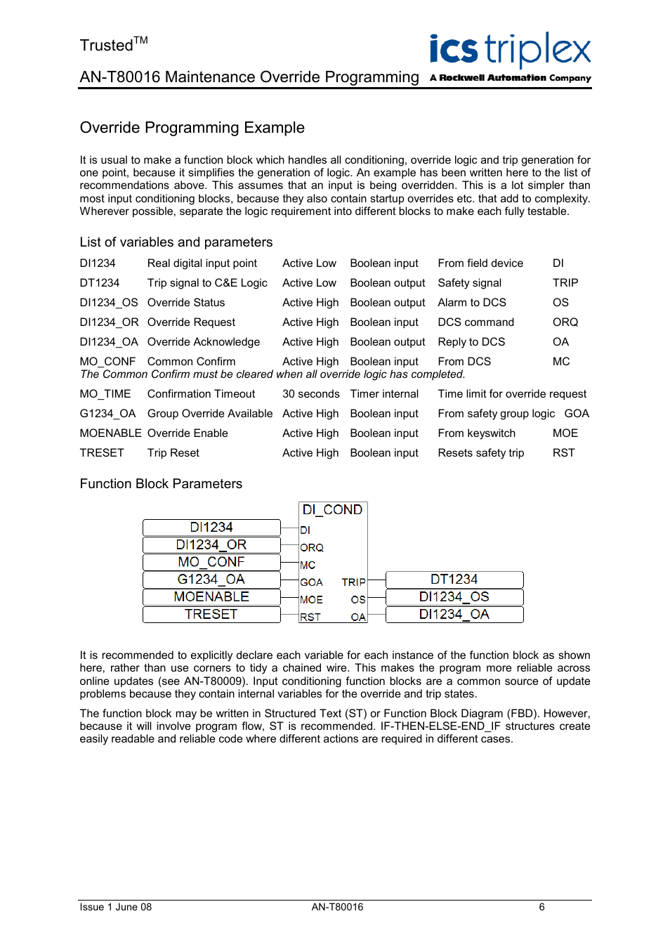 Override programming example, List of variables and parameters, Function block parameters | Trusted | Rockwell Automation T80016 Application Note Maintenance Override Programming User Manual | Page 6 / 12