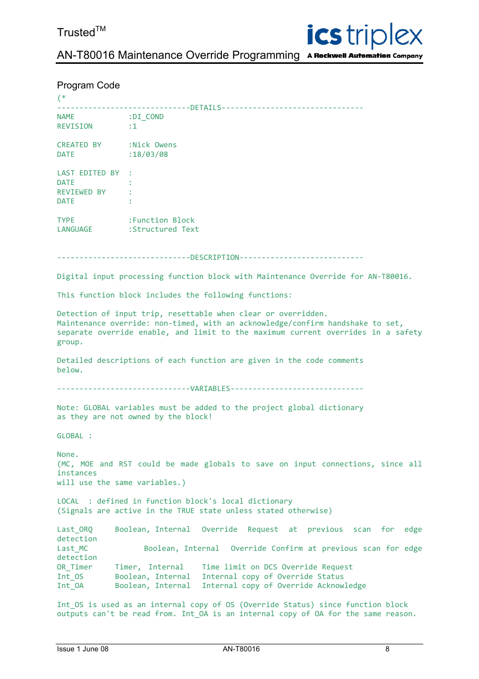 Program code, Trusted | Rockwell Automation T80016 Application Note Maintenance Override Programming User Manual | Page 8 / 12