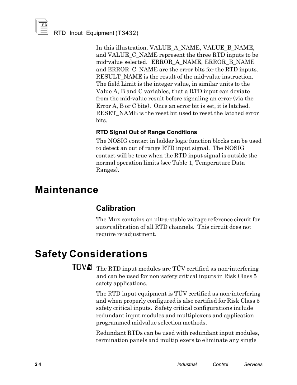 Maintenance, Safety considerations, Calibration | Rockwell Automation T3432-CA ICS Regent RTD Input Equipment User Manual | Page 24 / 26