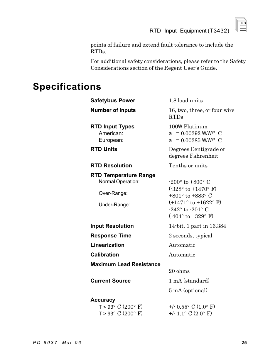 Specifications | Rockwell Automation T3432-CA ICS Regent RTD Input Equipment User Manual | Page 25 / 26