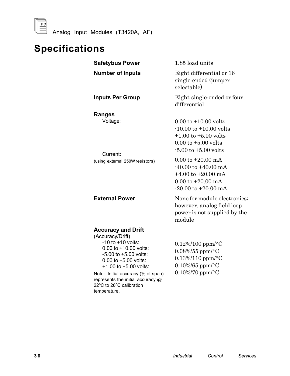 Specifications | Rockwell Automation T3420AF ICS Regent Analog Input Modules User Manual | Page 36 / 39