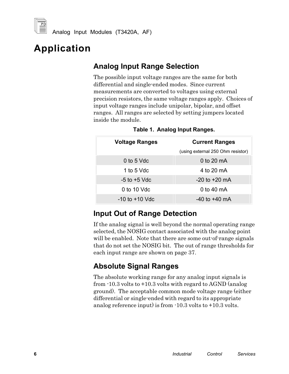 Application, Analog input range selection, Input out of range detection | Absolute signal ranges | Rockwell Automation T3420AF ICS Regent Analog Input Modules User Manual | Page 6 / 39