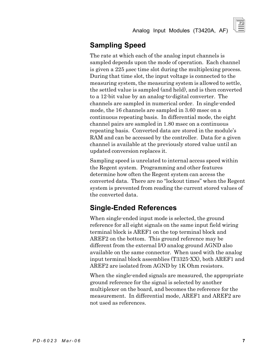 Sampling speed, Single-ended references | Rockwell Automation T3420AF ICS Regent Analog Input Modules User Manual | Page 7 / 39