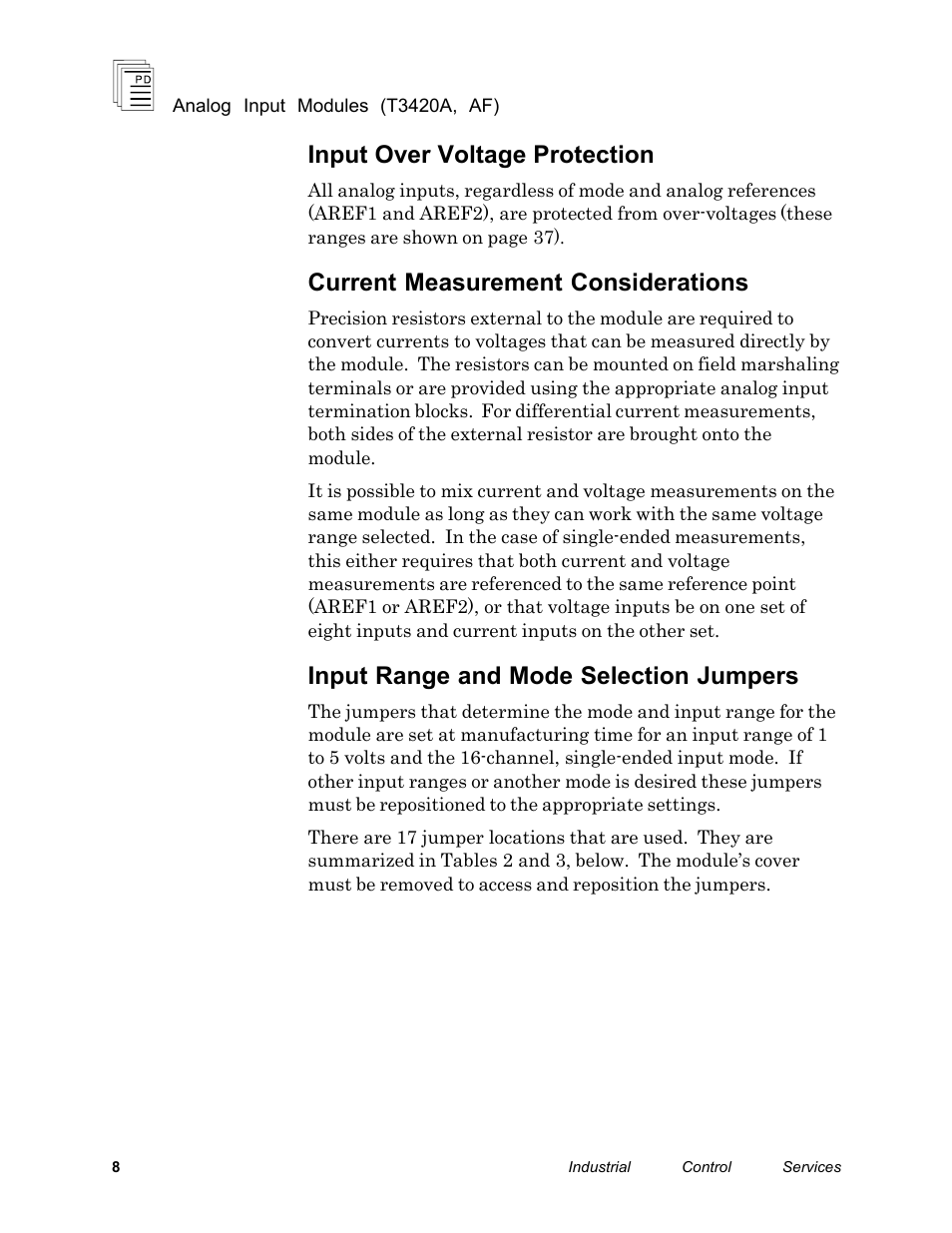 Input over voltage protection, Current measurement considerations, Input range and mode selection jumpers | Rockwell Automation T3420AF ICS Regent Analog Input Modules User Manual | Page 8 / 39
