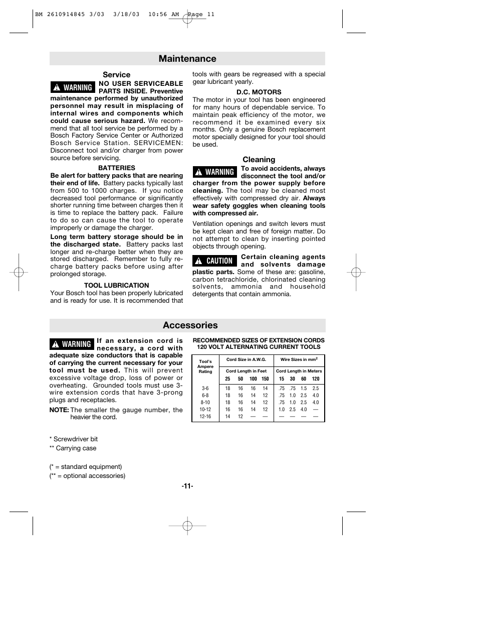 Accessories, Maintenance, Warning | Service, Cleaning, Caution | Bosch 12524 User Manual | Page 11 / 32