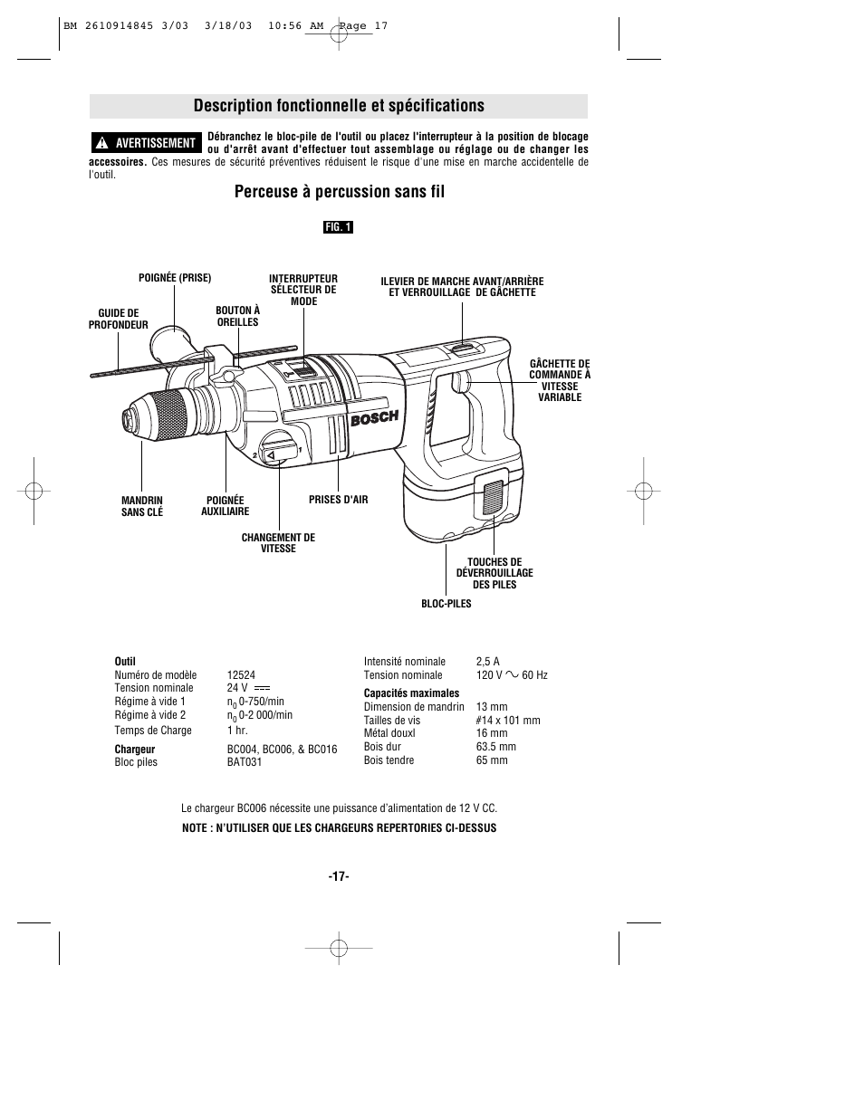 Description fonctionnelle et spécifications, Perceuse à percussion sans fil | Bosch 12524 User Manual | Page 17 / 32