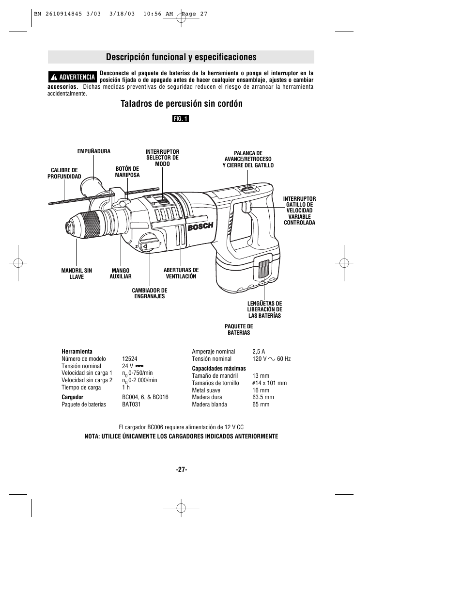 Descripción funcional y especificaciones, Taladros de percusión sin cordón | Bosch 12524 User Manual | Page 27 / 32