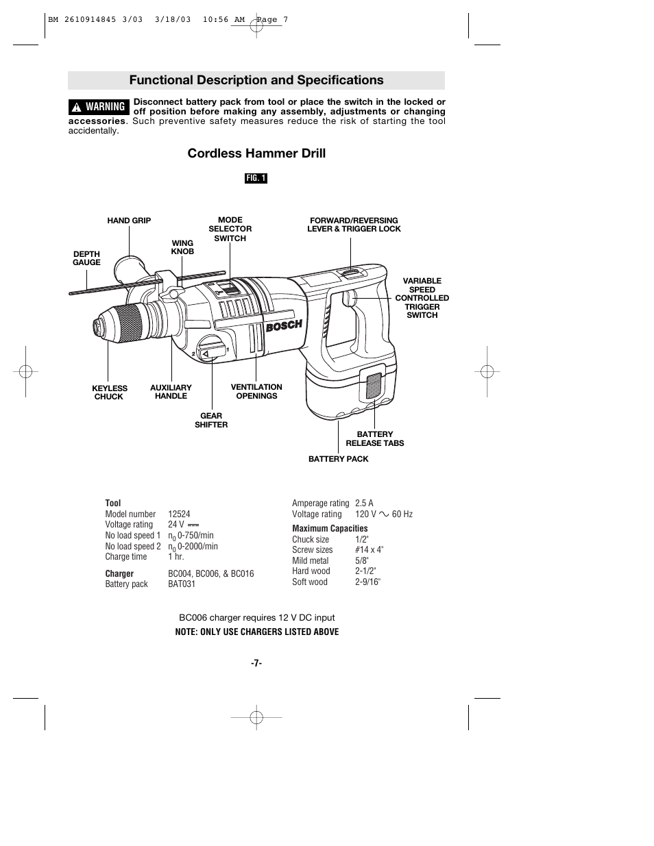 Functional description and specifications, Cordless hammer drill | Bosch 12524 User Manual | Page 7 / 32