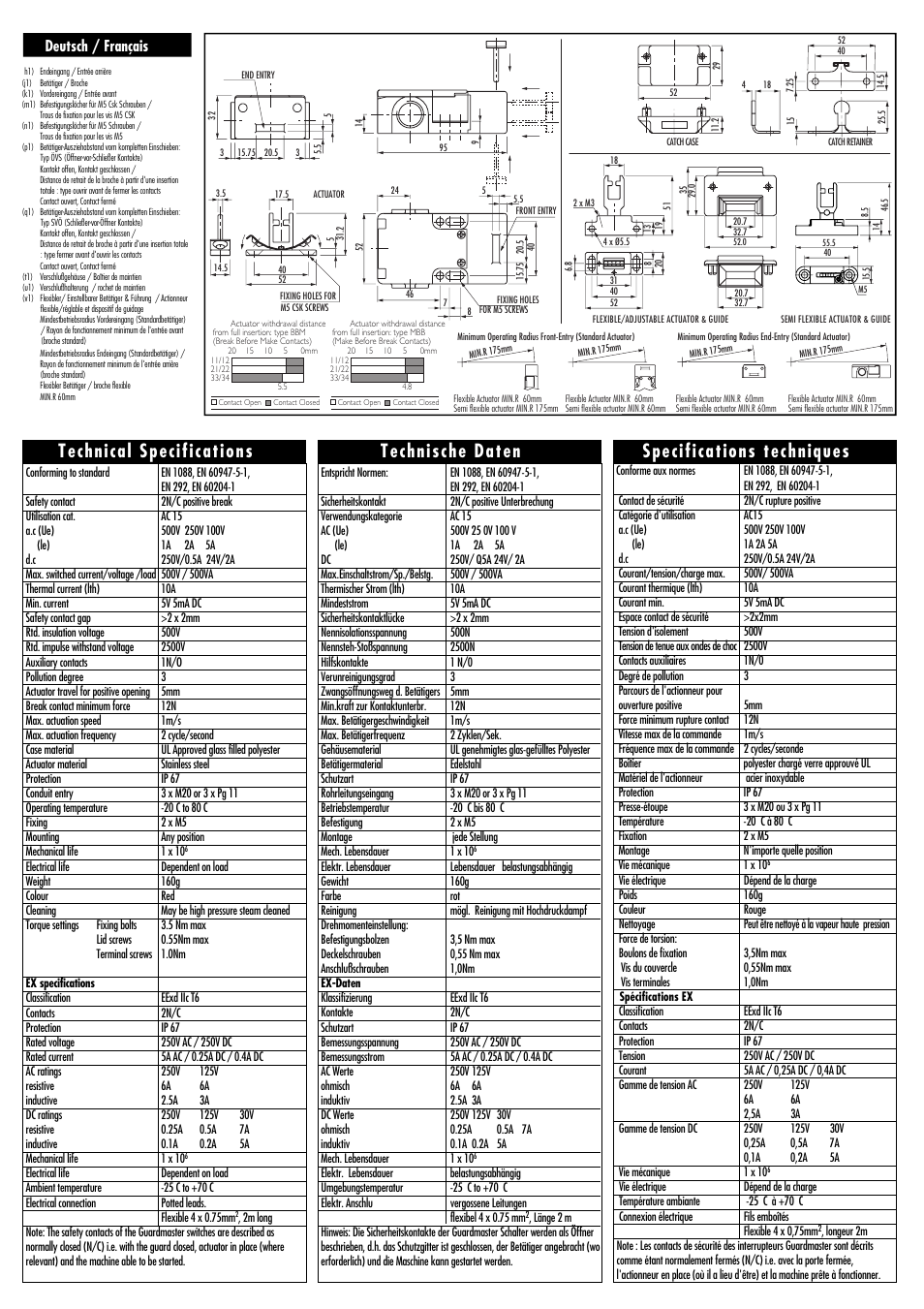 Technical specifications, Specifications techniques, Technische daten | Deutsch / français | Rockwell Automation TROJAN 5 Tongue Operated Guard Interlock Switch User Manual | Page 3 / 4