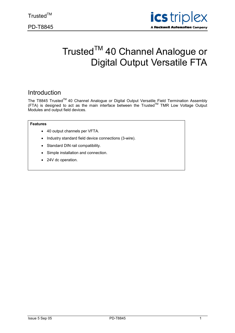 Rockwell Automation T8845 Trusted 40 Channel Analogue or Digital Output Versatile FTA User Manual | 14 pages