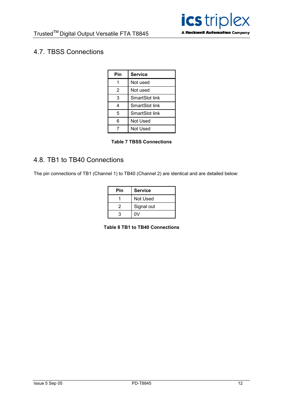 Tbss connections, Tb1 to tb40 connections, Table 7 tbss connections | Table 8 tb1 to tb40 connections, Trusted, Digital output versatile fta t8845 | Rockwell Automation T8845 Trusted 40 Channel Analogue or Digital Output Versatile FTA User Manual | Page 12 / 14
