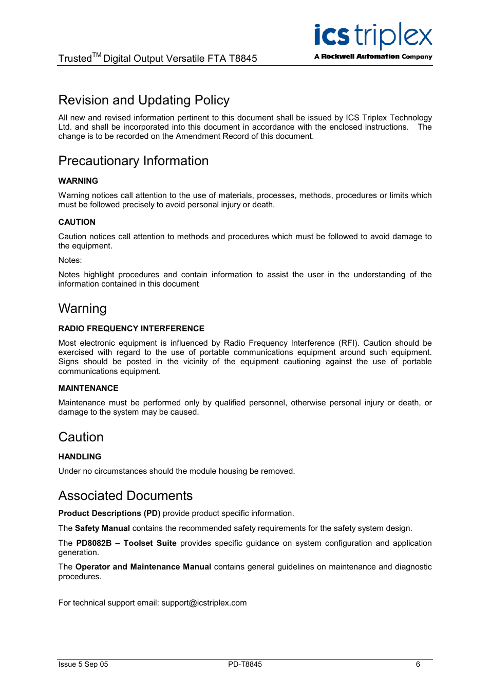 Description, Revision and updating policy, Precautionary information | Warning, Caution, Associated documents | Rockwell Automation T8845 Trusted 40 Channel Analogue or Digital Output Versatile FTA User Manual | Page 6 / 14