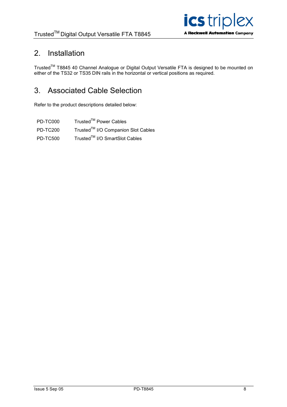 Installation, Associated cable selection, Trusted | Digital output versatile fta t8845 | Rockwell Automation T8845 Trusted 40 Channel Analogue or Digital Output Versatile FTA User Manual | Page 8 / 14