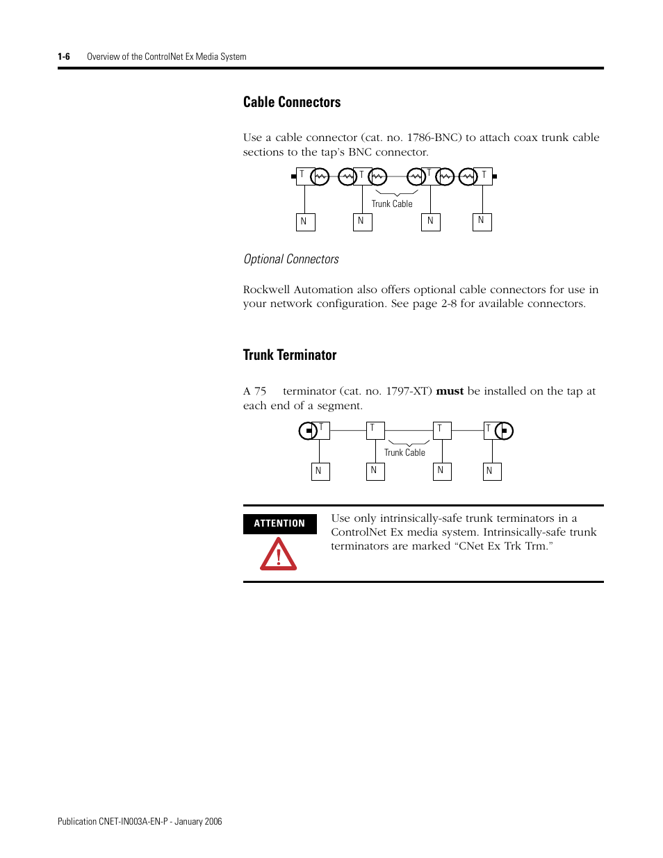 Cable connectors, Trunk terminator, Cable connectors -6 trunk terminator -6 | Rockwell Automation 1797-Series ControlNet Ex Media Plannng Installation Manual User Manual | Page 14 / 88