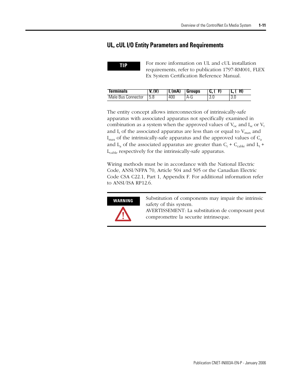 Ul, cul i/o entity parameters and requirements, Ul, cul i/o entity parameters and requirements -11 | Rockwell Automation 1797-Series ControlNet Ex Media Plannng Installation Manual User Manual | Page 19 / 88