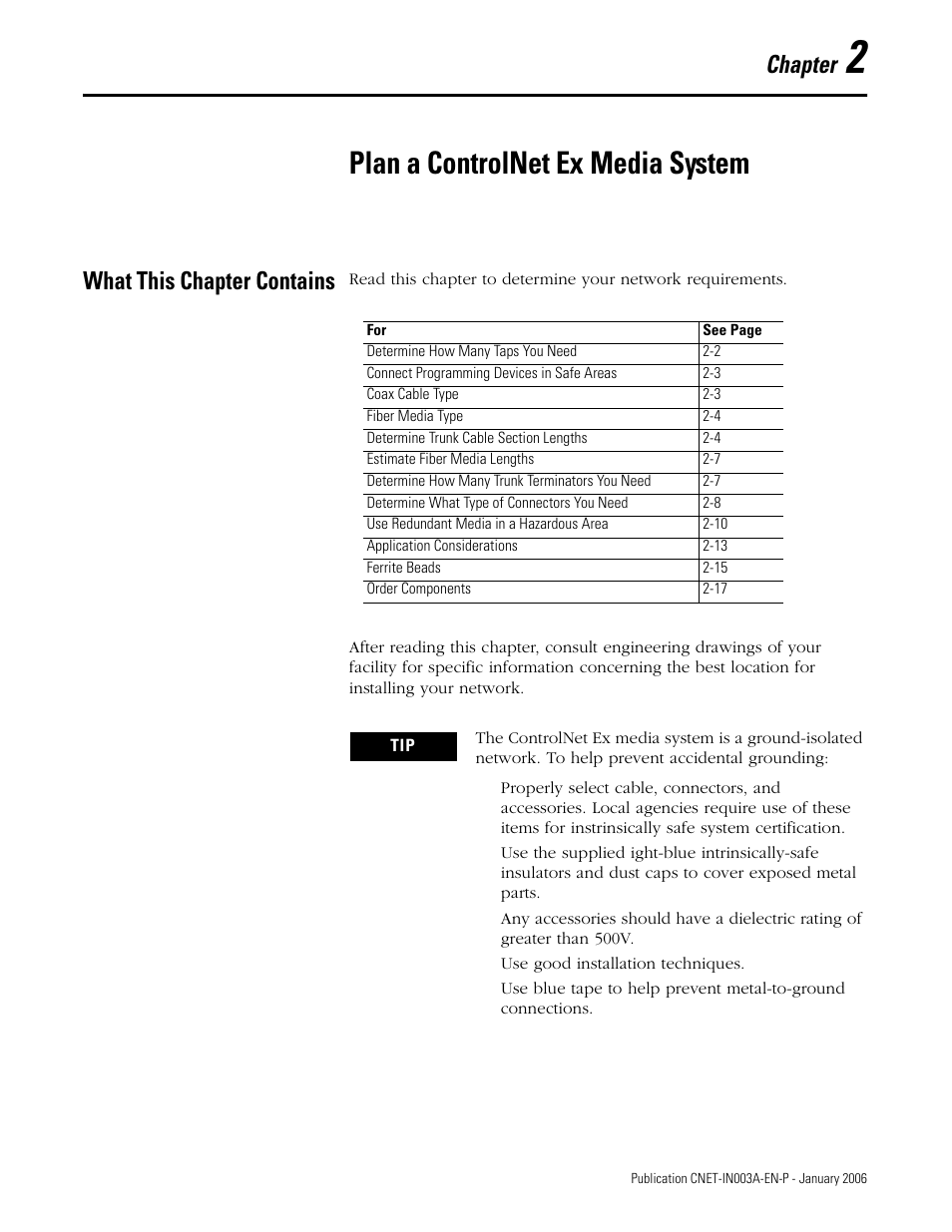 2 - plan a controlnet ex media system, What this chapter contains, Chapter 2 | Plan a controlnet ex media system, What this chapter contains -1, Chapter | Rockwell Automation 1797-Series ControlNet Ex Media Plannng Installation Manual User Manual | Page 23 / 88