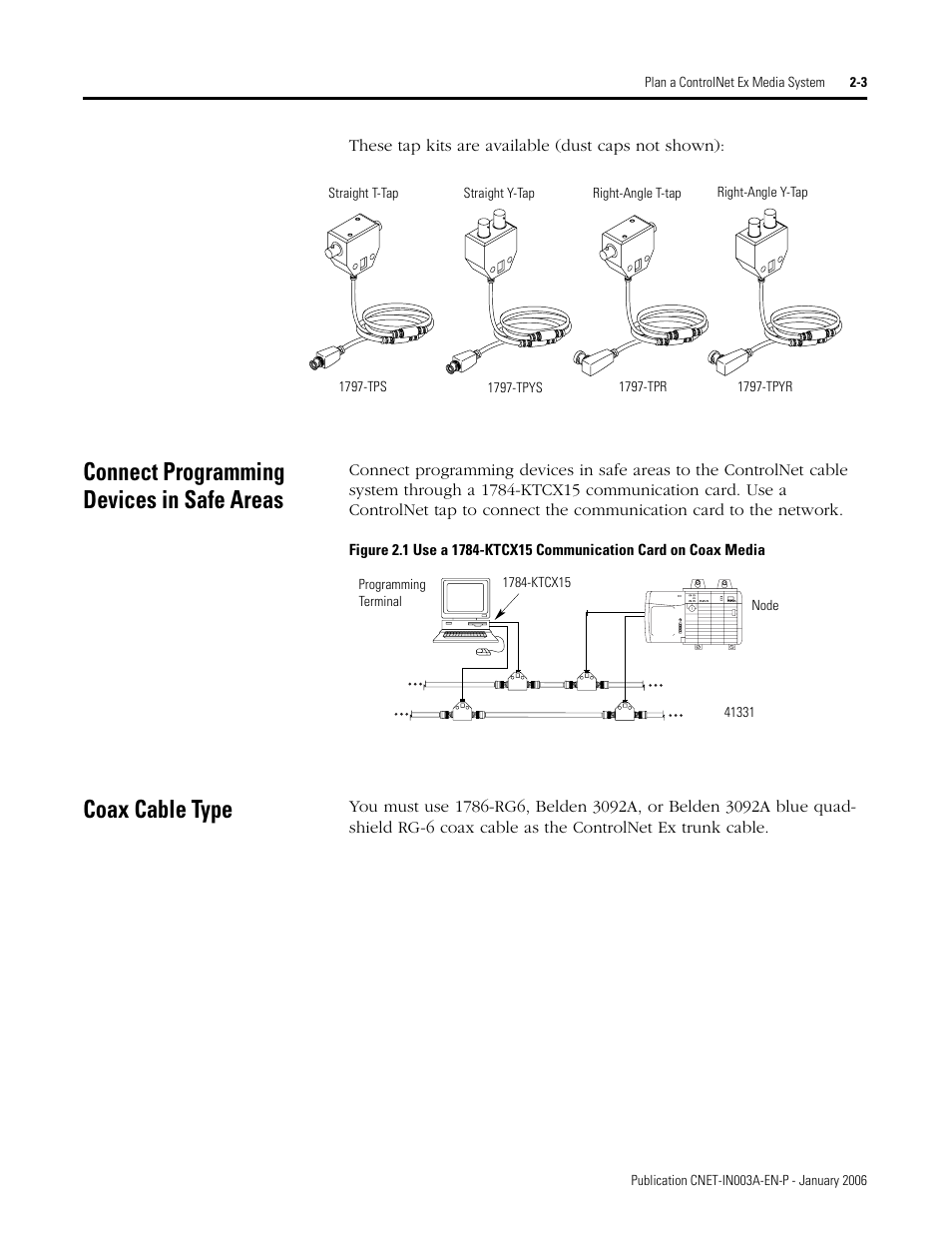 Connect programming devices in safe areas, Coax cable type | Rockwell Automation 1797-Series ControlNet Ex Media Plannng Installation Manual User Manual | Page 25 / 88