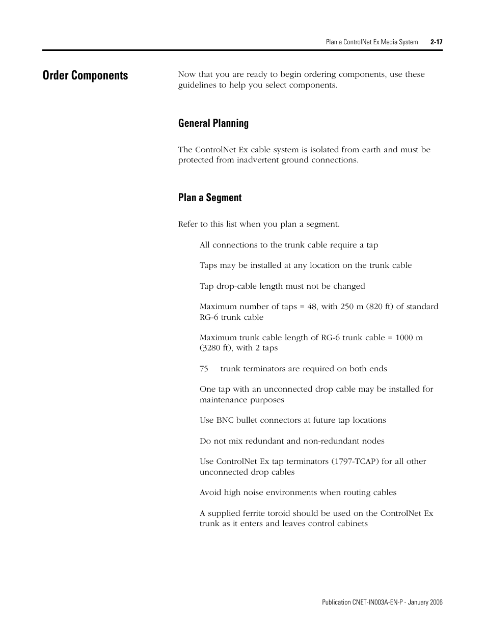 Order components, General planning, Plan a segment | Order components -17, General planning -17 plan a segment -17 | Rockwell Automation 1797-Series ControlNet Ex Media Plannng Installation Manual User Manual | Page 39 / 88