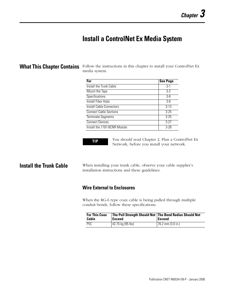 3 - install a controlnet ex media system, What this chapter contains, Install the trunk cable | Wire external to enclosures, Chapter 3, Install a controlnet ex media system, Wire external to enclosures -1, Chapter | Rockwell Automation 1797-Series ControlNet Ex Media Plannng Installation Manual User Manual | Page 43 / 88