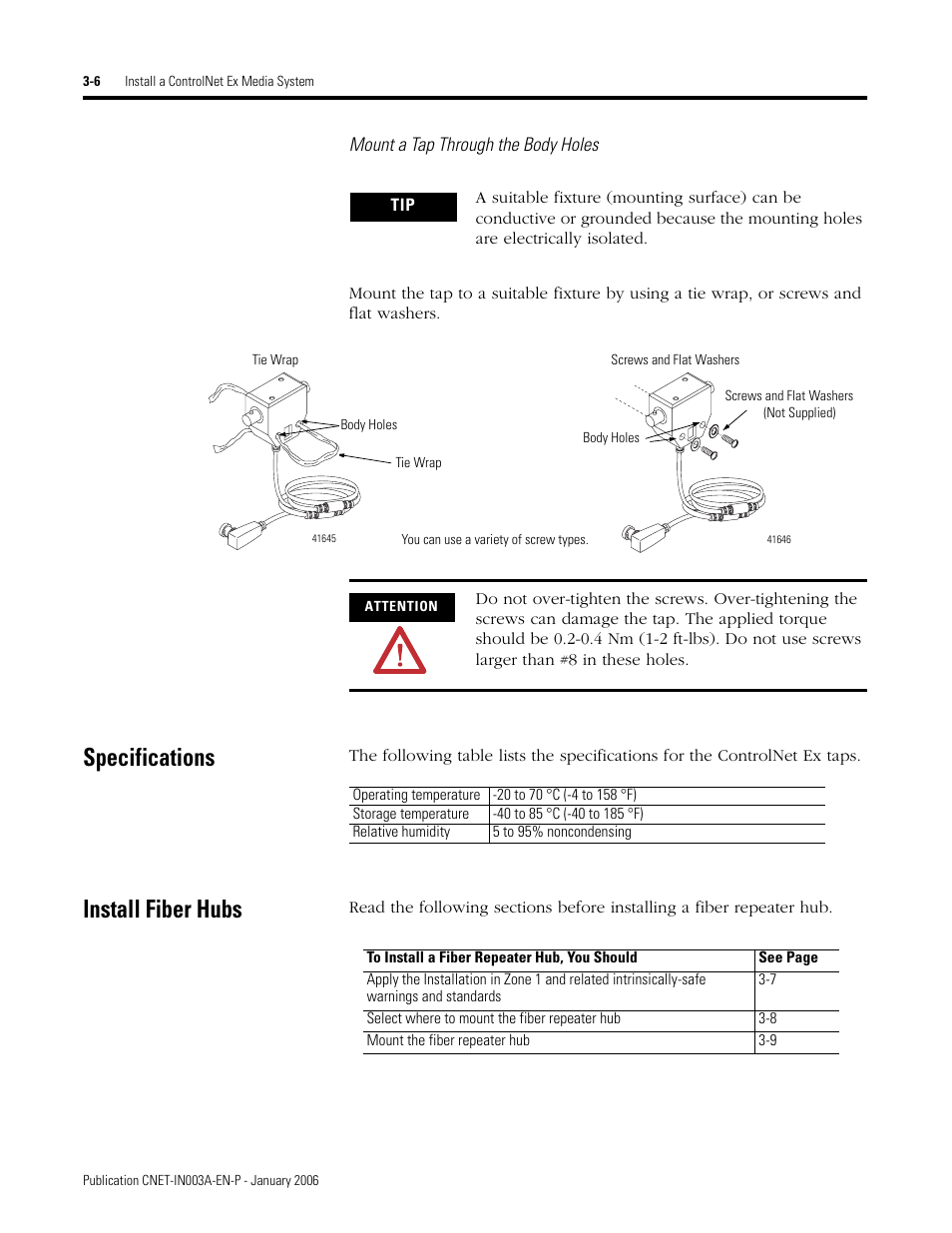 Specifications, Install fiber hubs, Specifications -6 install fiber hubs -6 | Rockwell Automation 1797-Series ControlNet Ex Media Plannng Installation Manual User Manual | Page 48 / 88