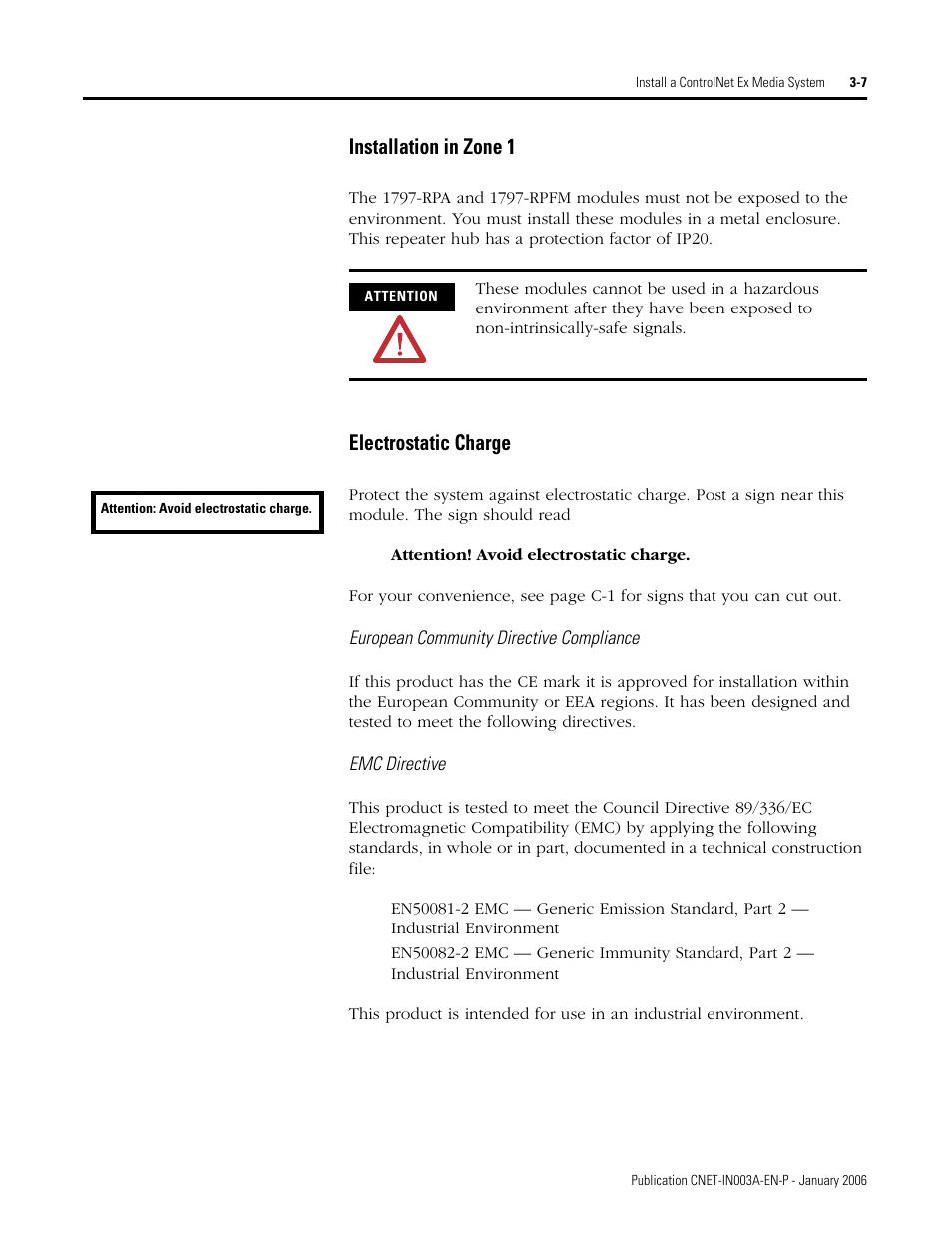 Installation in zone 1, Electrostatic charge, Installation in zone 1 -7 electrostatic charge -7 | Rockwell Automation 1797-Series ControlNet Ex Media Plannng Installation Manual User Manual | Page 49 / 88