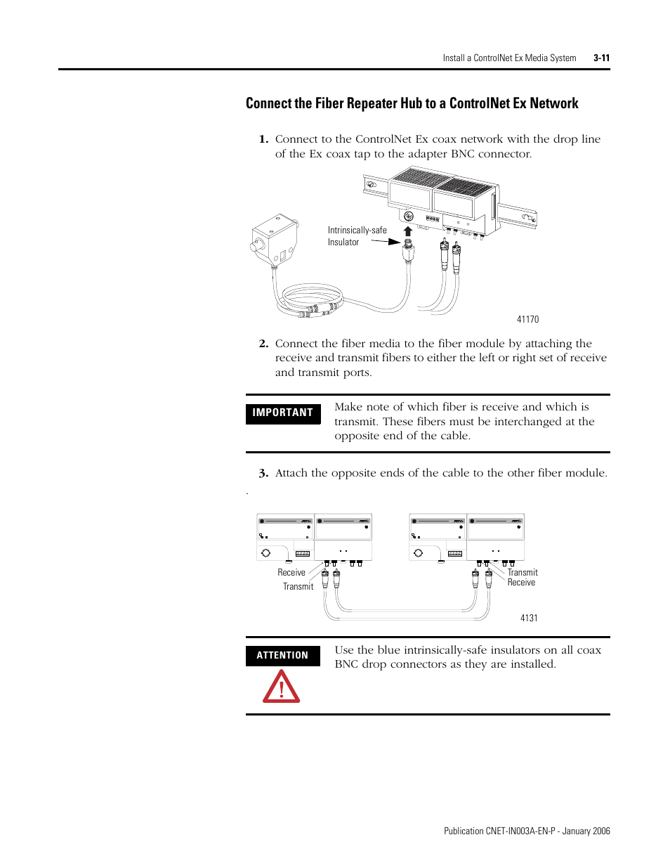 Connect the fiber repeater hub to a controlnet, Ex network -11, Important | Attention, Q ual it y, 1797 - rpa, Fiber module medium range | Rockwell Automation 1797-Series ControlNet Ex Media Plannng Installation Manual User Manual | Page 53 / 88