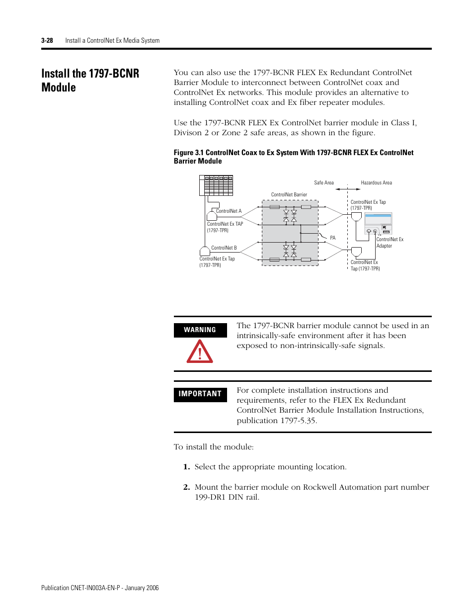 Install the 1797-bcnr module, Install the 1797-bcnr module -28 | Rockwell Automation 1797-Series ControlNet Ex Media Plannng Installation Manual User Manual | Page 70 / 88