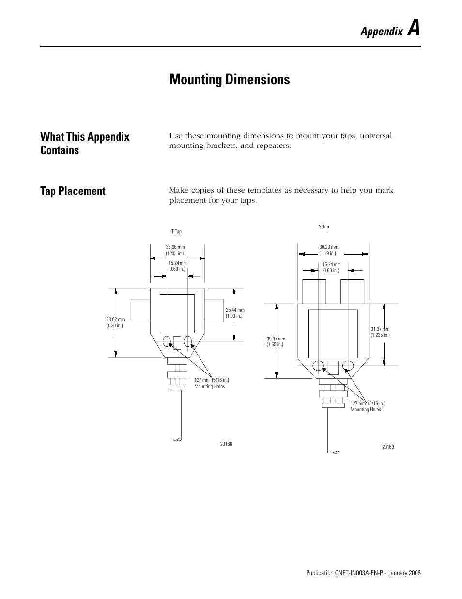 A - mounting dimensions, What this appendix contains, Tap placement | Appendix a, Mounting dimensions, Appendix | Rockwell Automation 1797-Series ControlNet Ex Media Plannng Installation Manual User Manual | Page 73 / 88