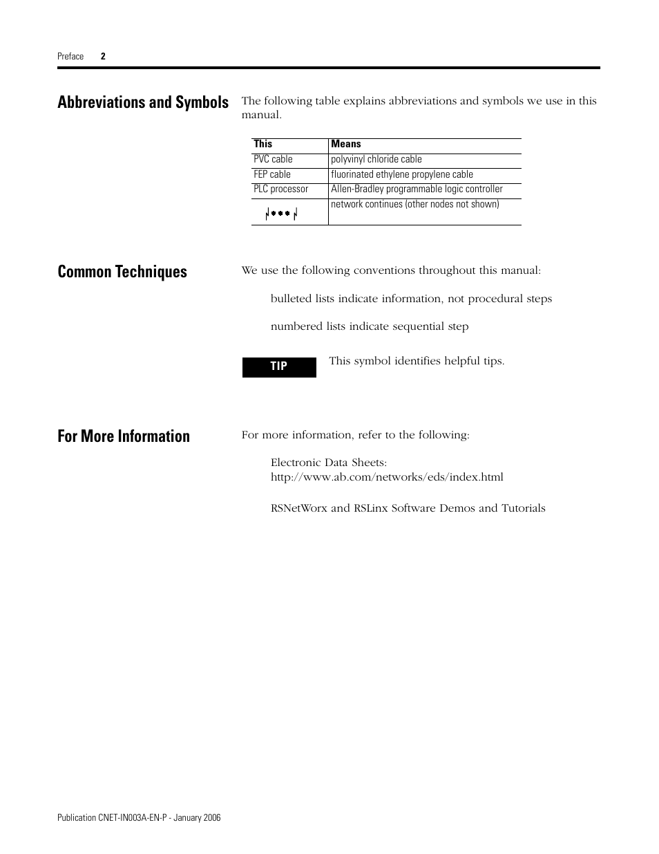 Abbreviations and symbols, Common techniques, For more information | Rockwell Automation 1797-Series ControlNet Ex Media Plannng Installation Manual User Manual | Page 8 / 88
