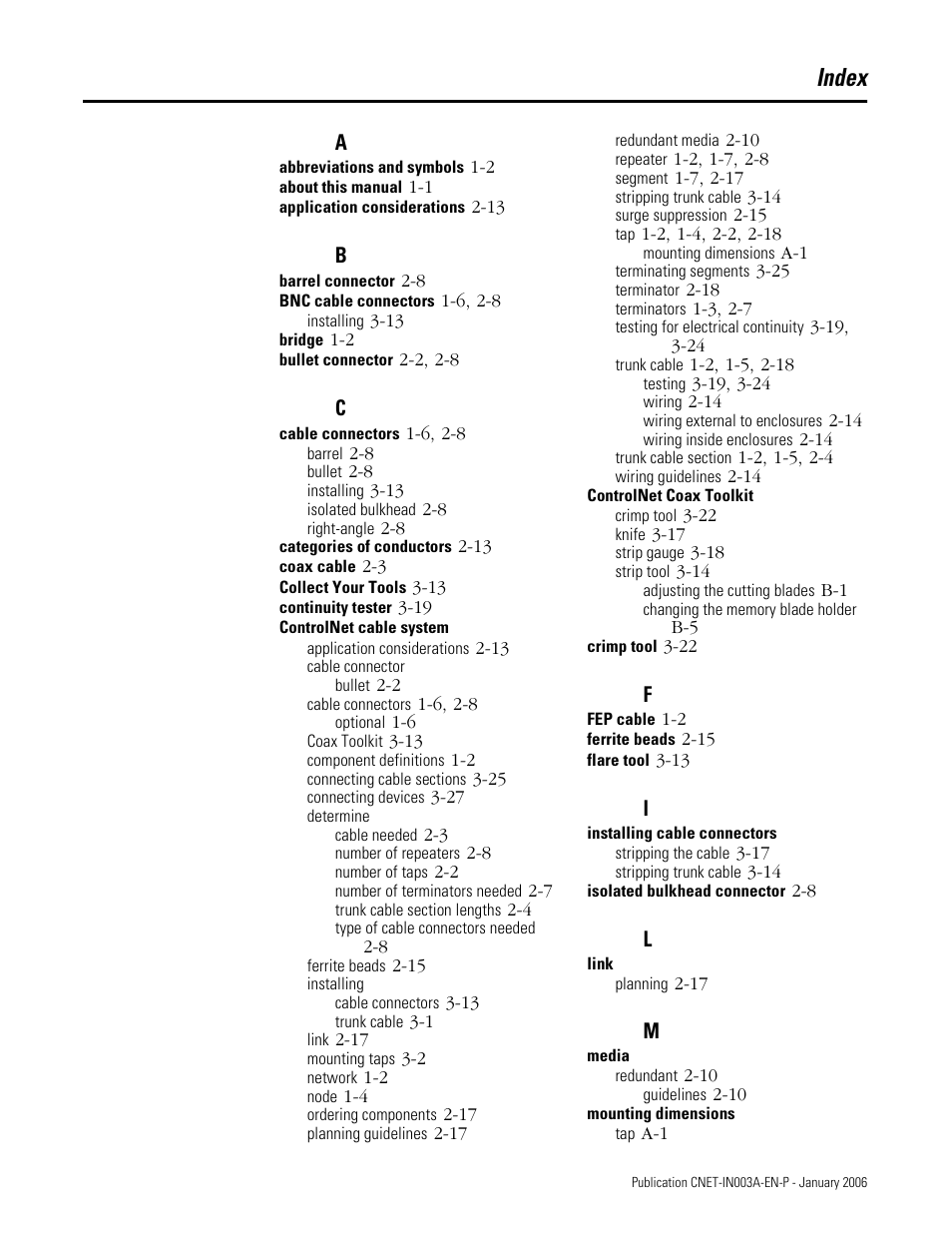 Index | Rockwell Automation 1797-Series ControlNet Ex Media Plannng Installation Manual User Manual | Page 83 / 88